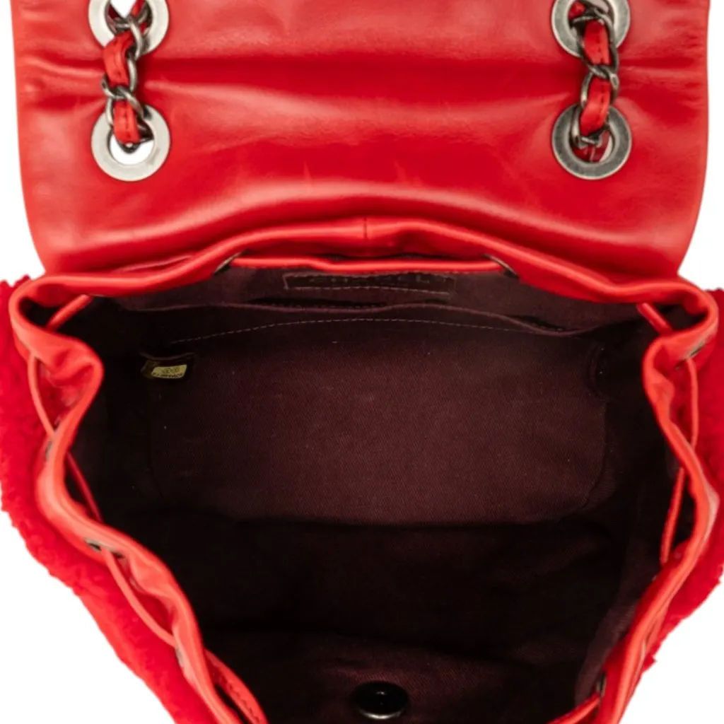 Chanel Small Shearling and Glazed Calfskin Mountain Backpack Red Shearling Good - Model View