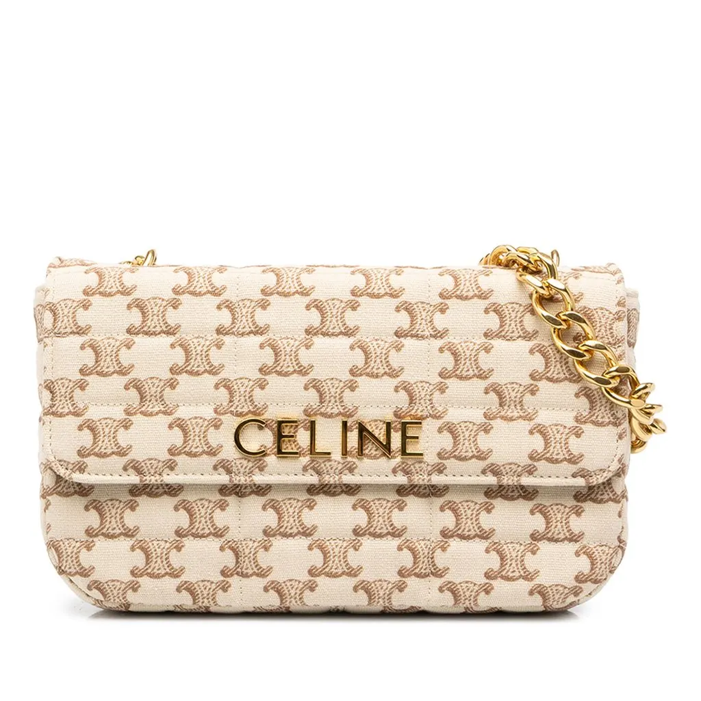 Celine Triomphe Matelasse Canvas Monochrome Chain Shoulder Bag Beige Canvas Very good - Front View