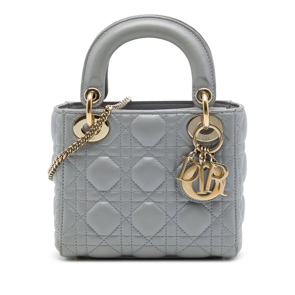 Dior Mini Metallic Lambskin Cannage Lady Dior Grey Leather Very good - Front View