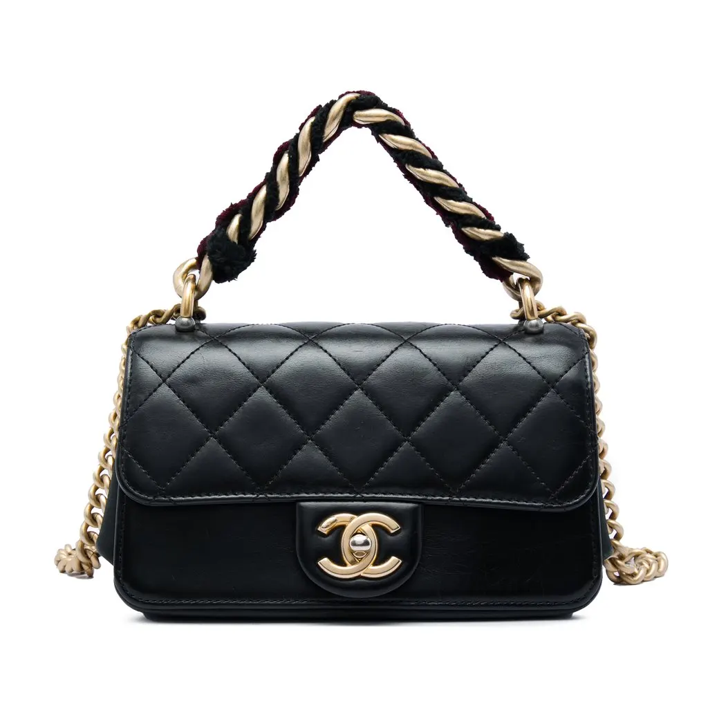 Chanel Mini Quilted Calfskin Straight Lined Flap Black Leather Very good - Front View