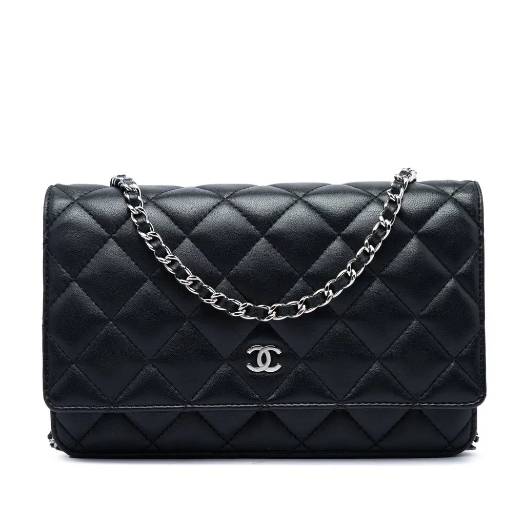 Chanel CC Quilted Lambskin Wallet On Chain Black Leather Very good - Front View