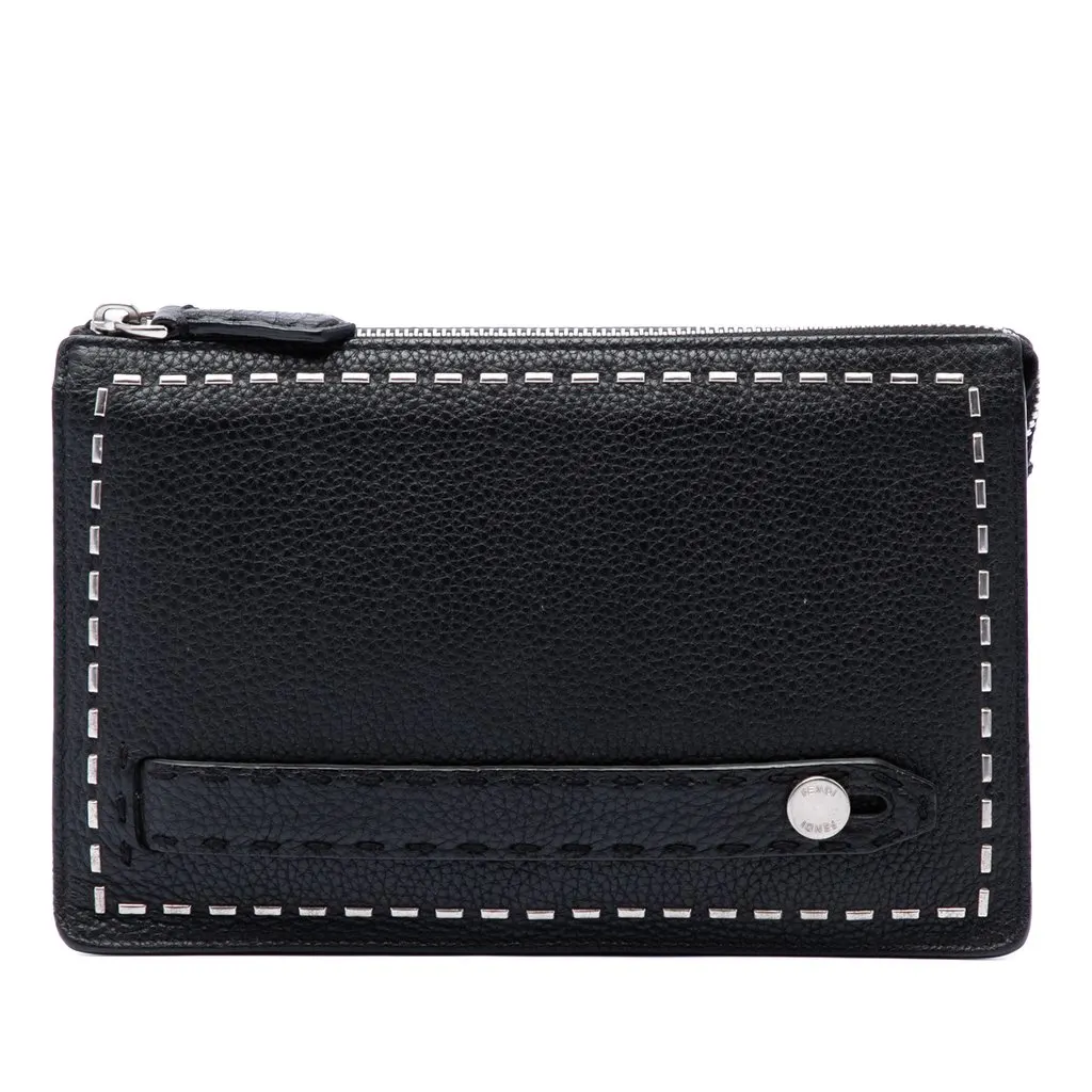Fendi Leather Selleria Clutch Black Leather Good - Front View
