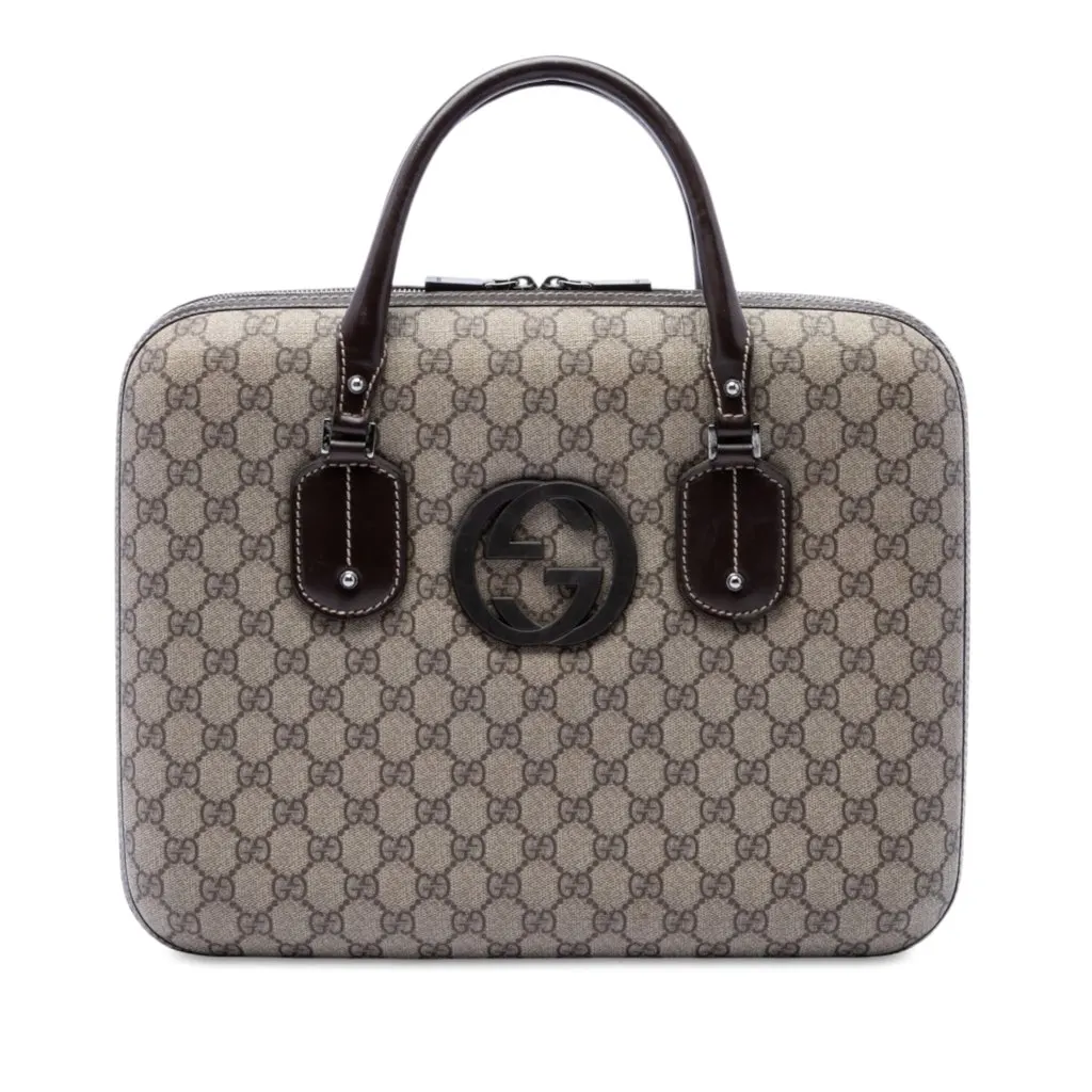 Gucci GG Supreme Interlocking G Briefcase Beige Canvas Good - Front View