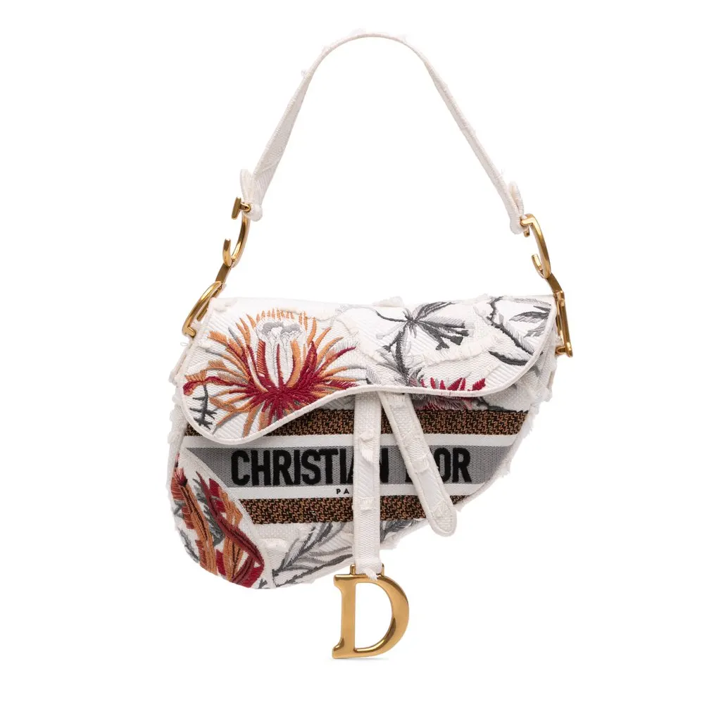 Dior Canvas Embroidered Camouflage Flowers Saddle Bag White Very good - Front View