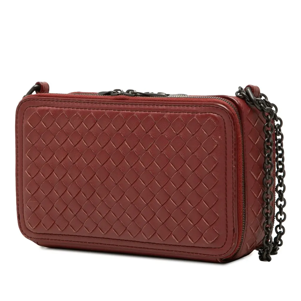 Bottega Veneta Nappa Intrecciato Double Zip Shoulder Bag Red Leather Very good - Back View