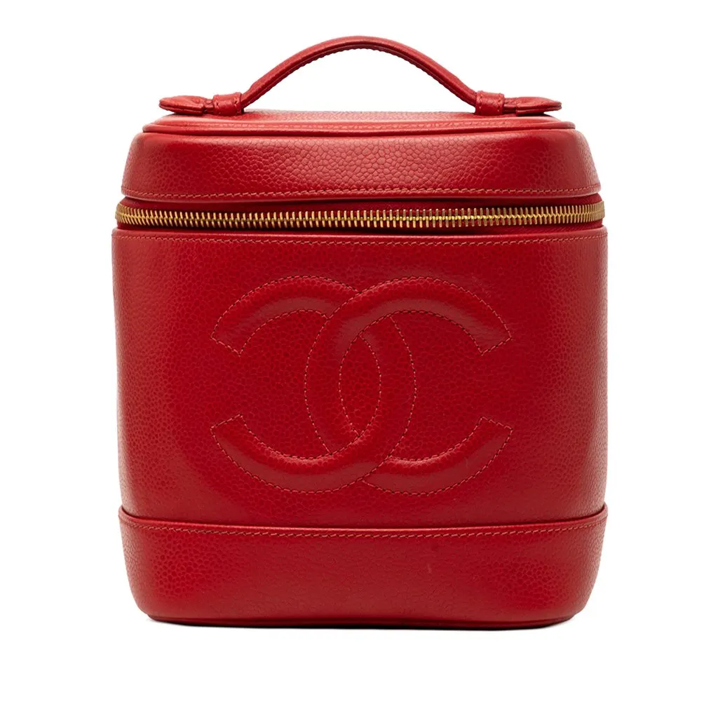 Chanel CC Caviar Vanity Bag Red Leather Good - Front View