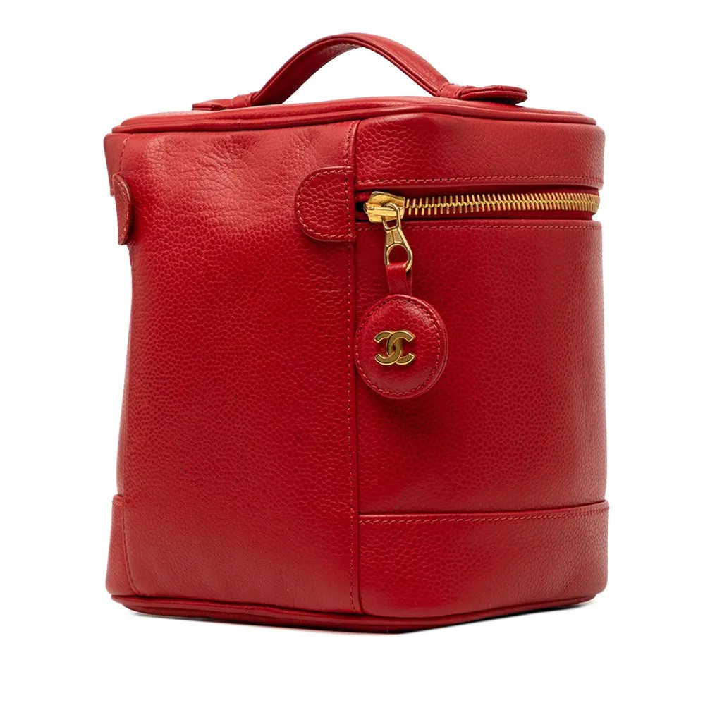 Chanel CC Caviar Vanity Bag Red Leather Good - Back View