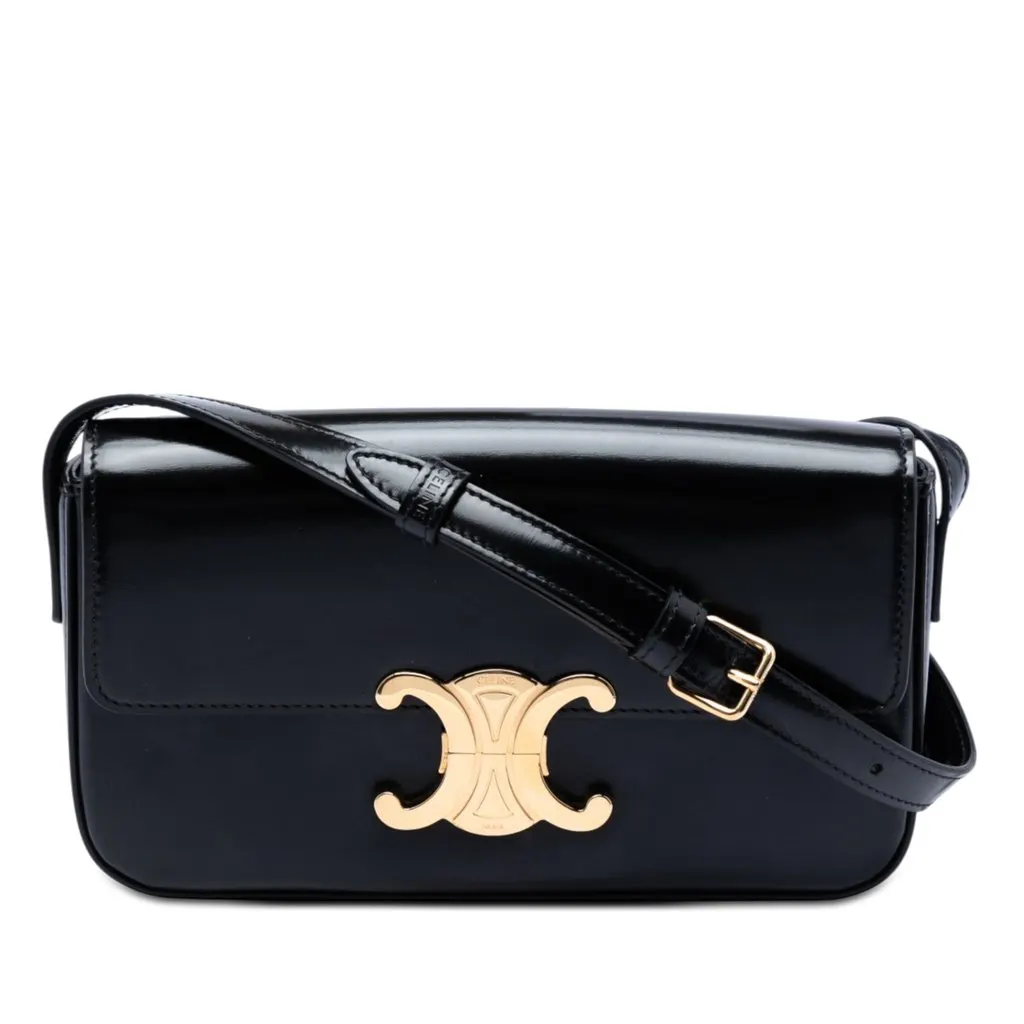 Celine Shiny Calfskin Triomphe Claude Shoulder Bag Black Leather Very good - Front View