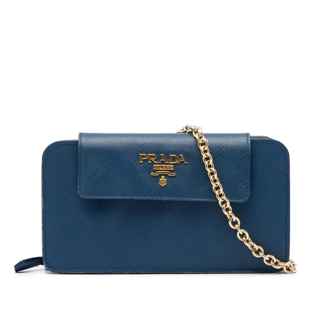 Prada Saffiano Phone Wallet on Chain Blue Leather Very good - Front View