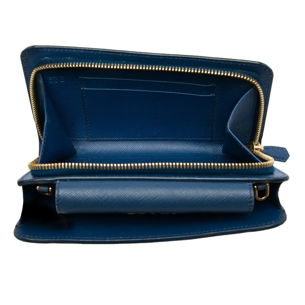 Prada Saffiano Phone Wallet on Chain Blue Leather Very good - Model View