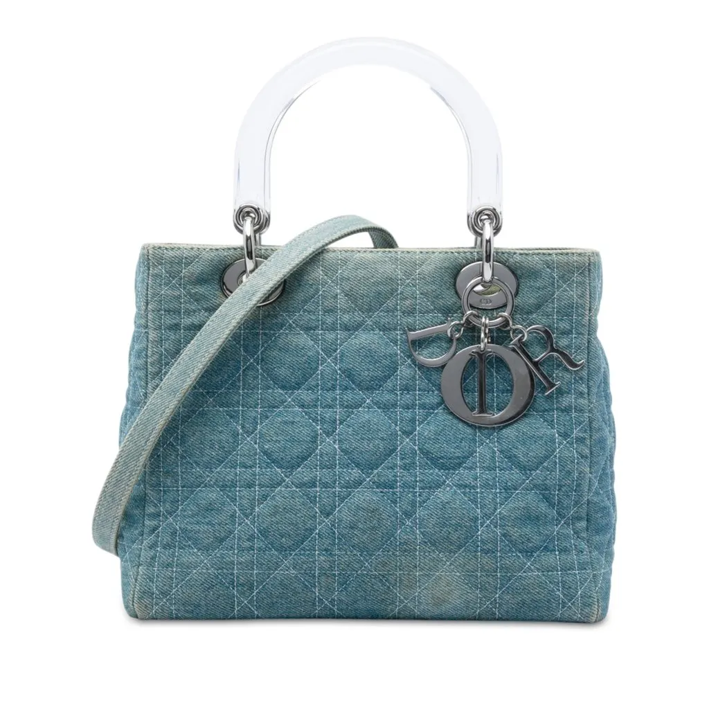 Dior Medium Denim Cannage Acrylic Handles Lady Dior Blue Very good - Front View