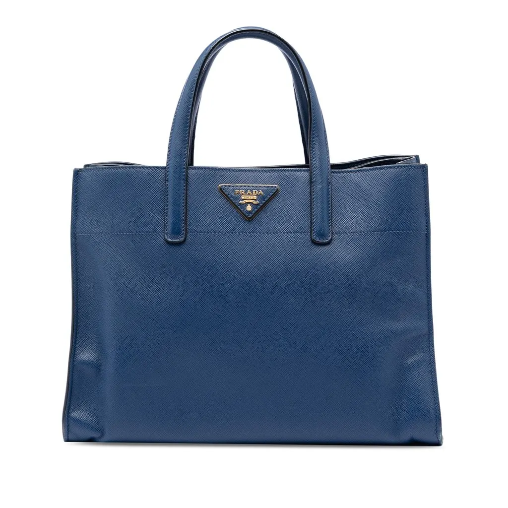 Prada Saffiano Soft Triple Pocket Tote Blue Leather Very good - Front View