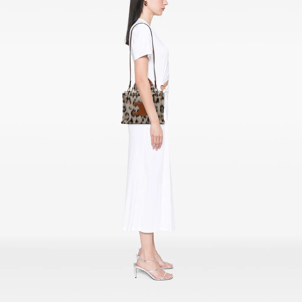 Celine Small Leopard Print Felt Cuir Triomphe Cabas Thais Satchel Beige Wool Very good - Box View