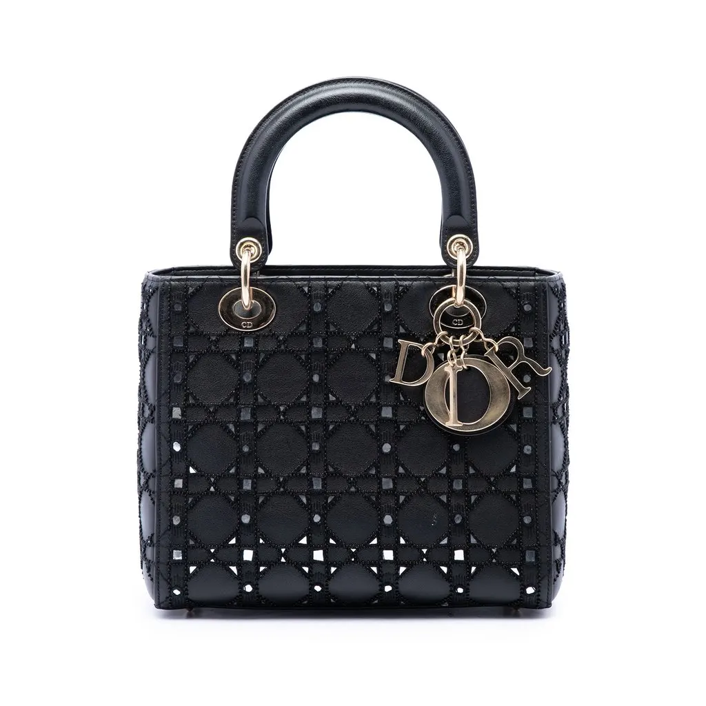 Dior Medium Calfskin Cannage Bead and Strass Embellished Lady Dior Black Leather Good - Front View