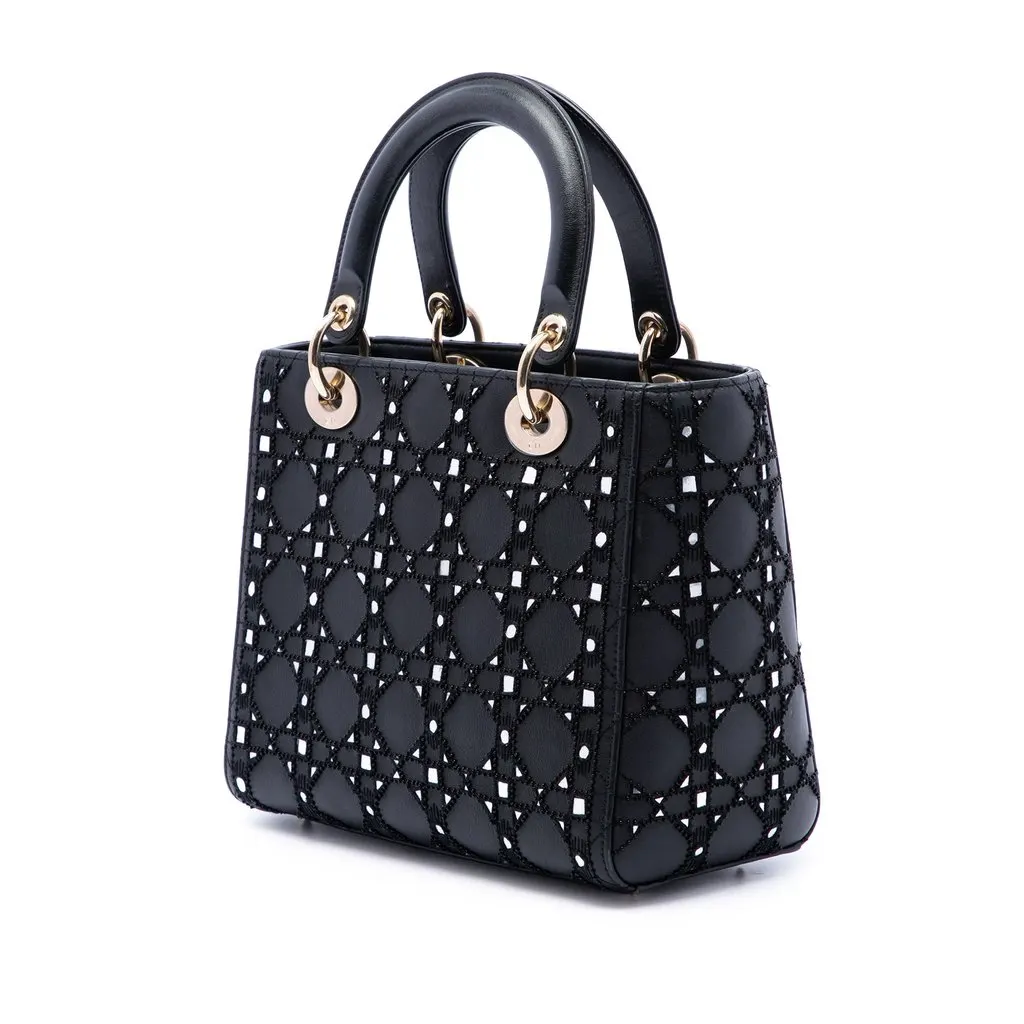 Dior Medium Calfskin Cannage Bead and Strass Embellished Lady Dior Black Leather Good - Back View