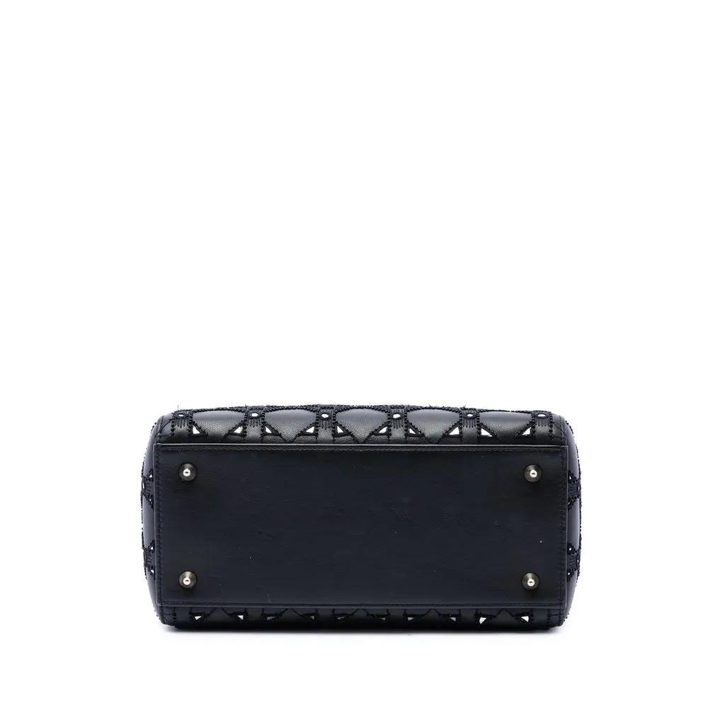 Dior Medium Calfskin Cannage Bead and Strass Embellished Lady Dior Black Leather Good - Inside View