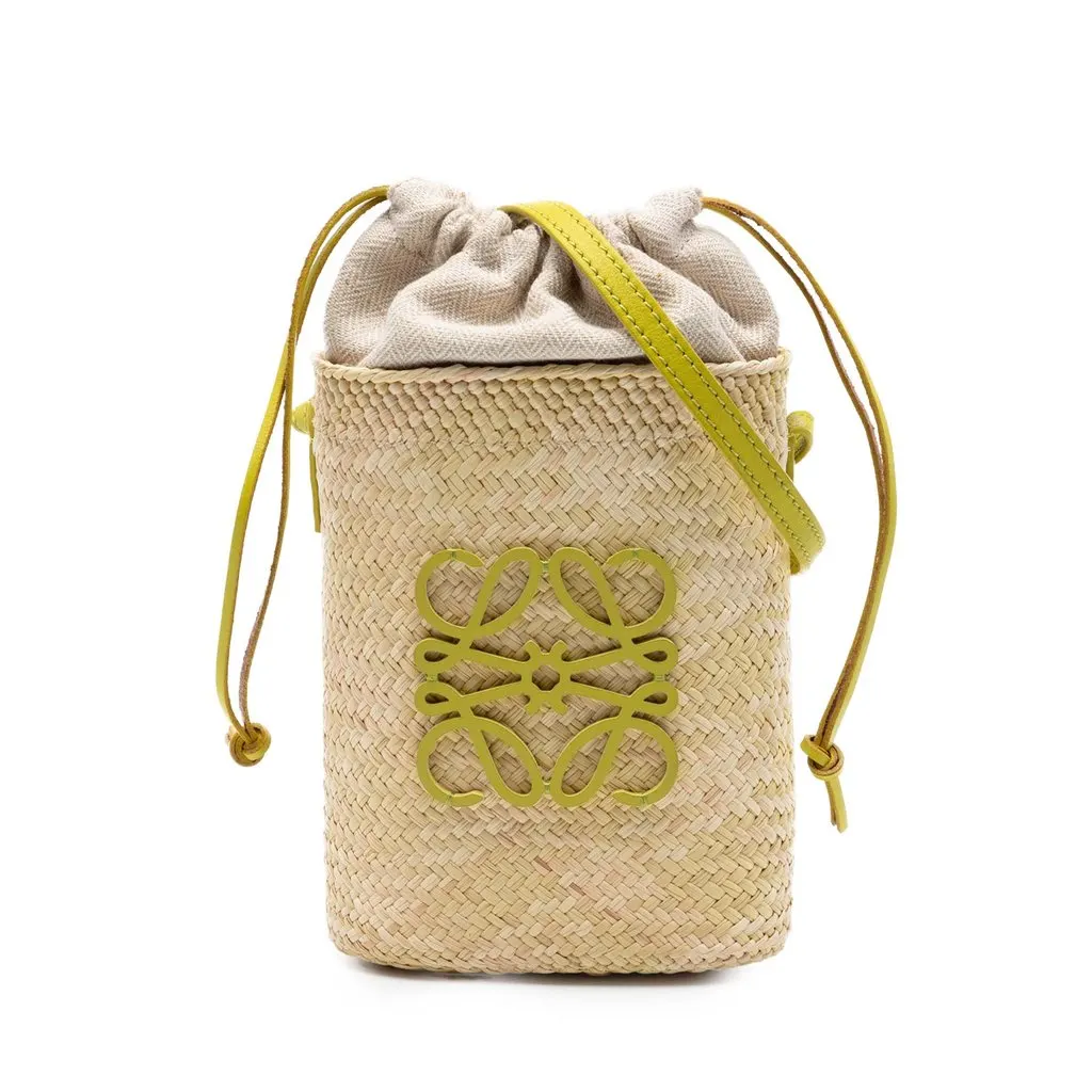 LOEWE Paulas Ibiza Raffia Anagram Square Pocket Bucket Bag Green Very good - Front View