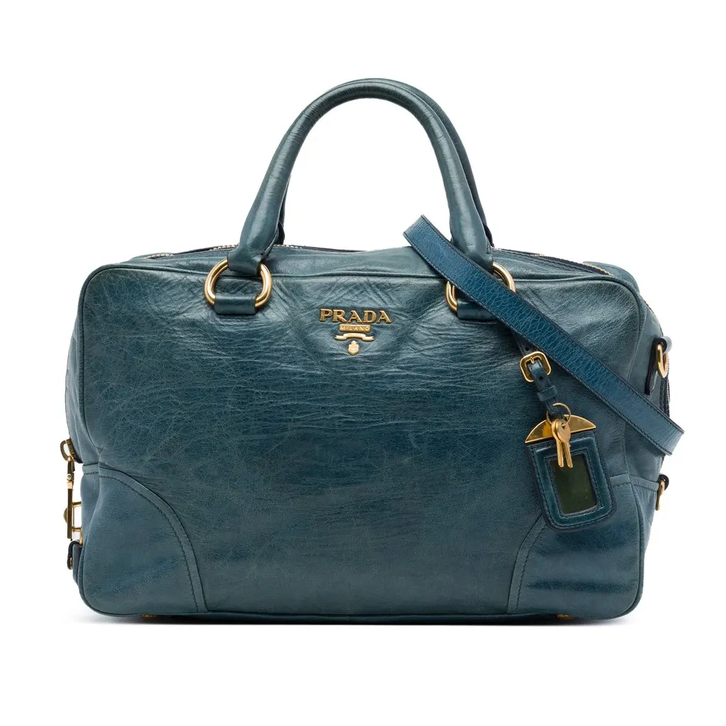 Prada Vitello Shine Satchel Blue Leather Very good - Front View