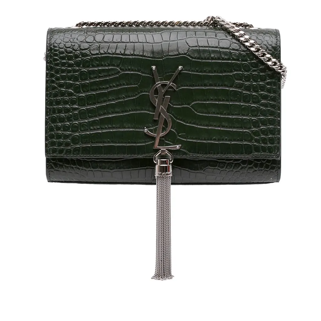 Saint Laurent Medium Croc Embossed Leather Kate Tassel Crossbody Green Leather Very good - Front View