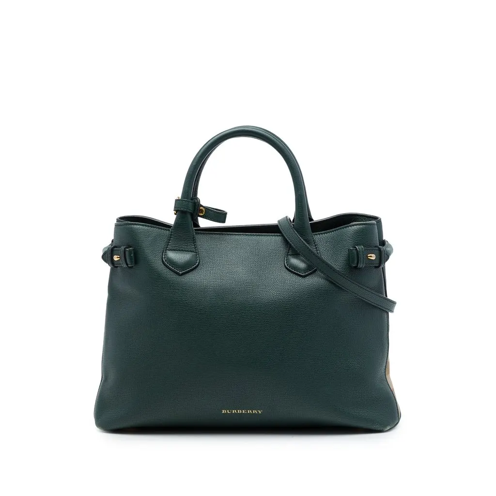 Burberry Medium Leather and House Check Banner Satchel Green Leather Good - Front View