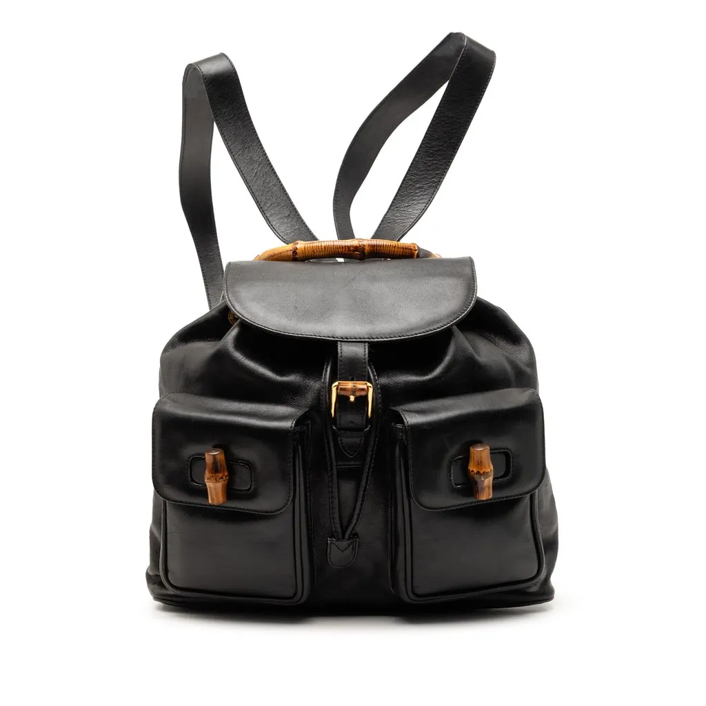 Gucci Calfskin Bamboo Drawstring Backpack Black Leather Good - Front View
