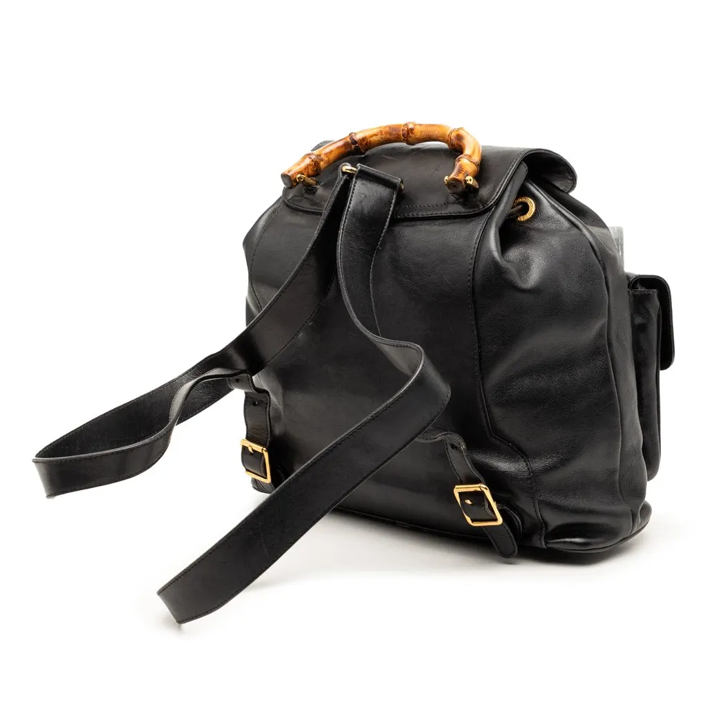 Gucci Calfskin Bamboo Drawstring Backpack Black Leather Good - Back View