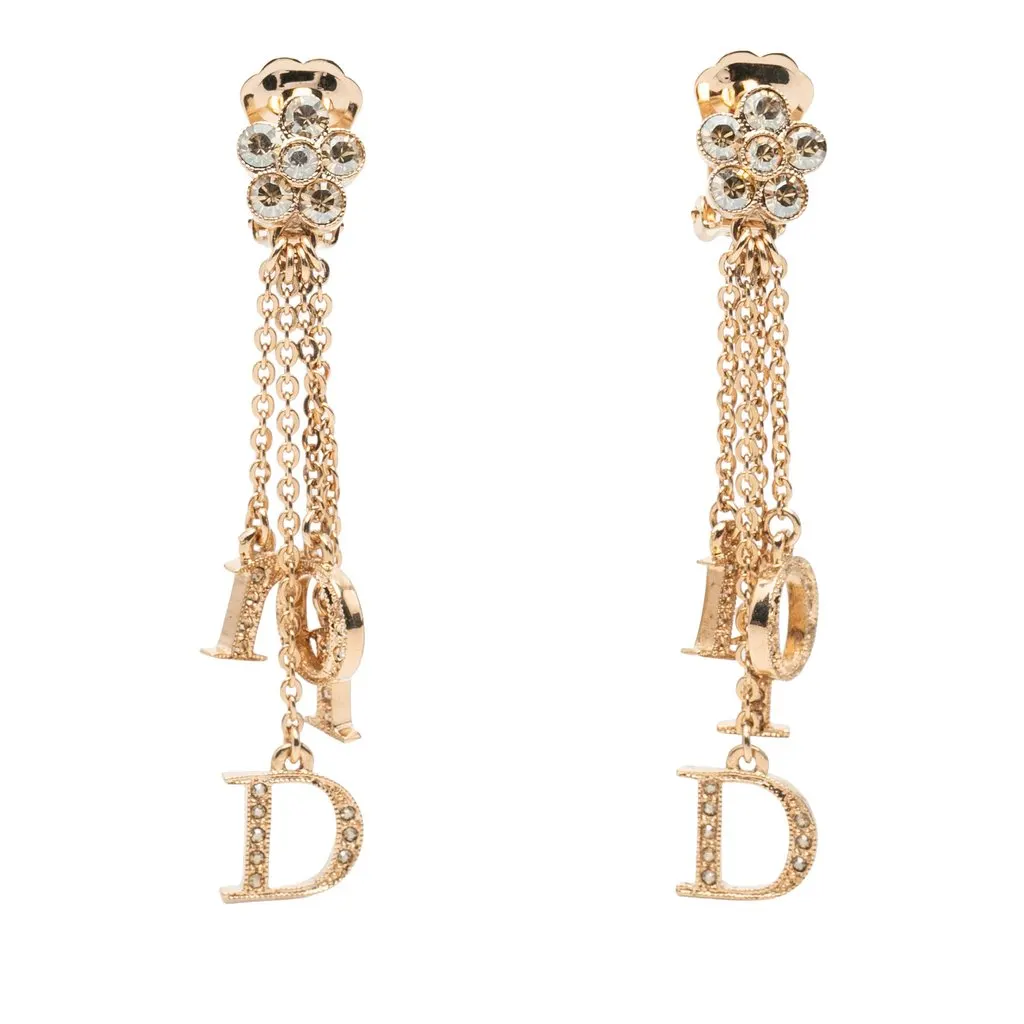 Dior Gold Plated Strass Flower Logo Charm Drop Clip On Earrings
