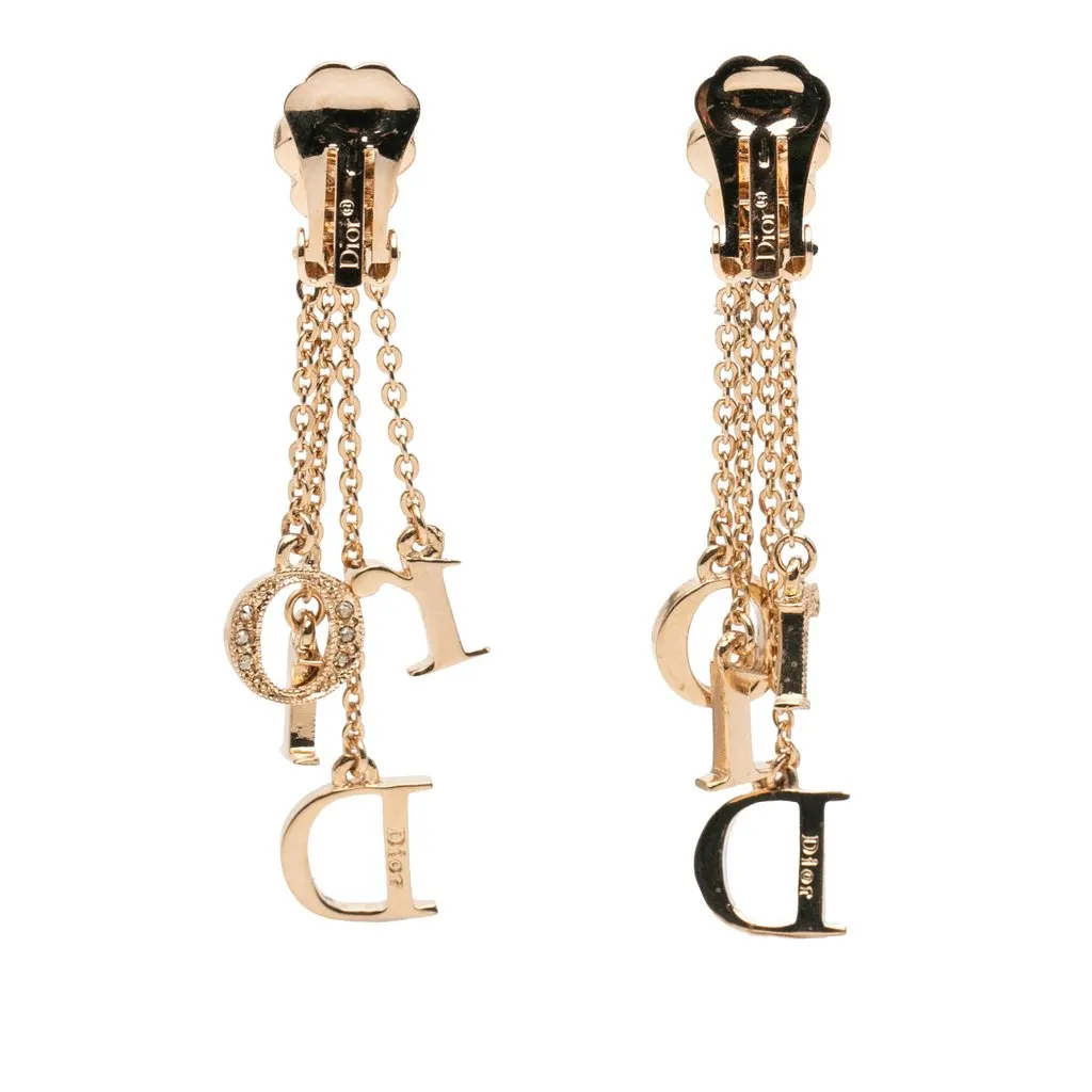 Dior Gold Plated Strass Flower Logo Charm Drop Clip On Earrings Gold Metal Very good - Back View