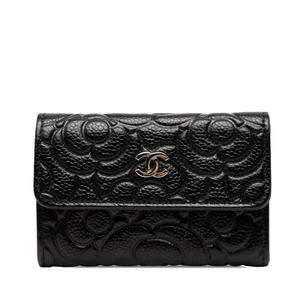 Chanel CC Embossed Caviar Camellia Card Holder Black Leather Very good - Front View