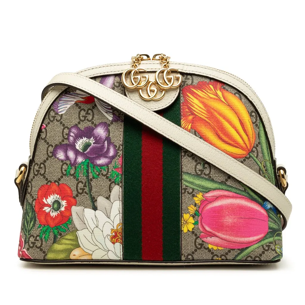 Gucci Small GG Supreme Web Flora Ophidia Dome Crossbody Beige Canvas Good - Front View
