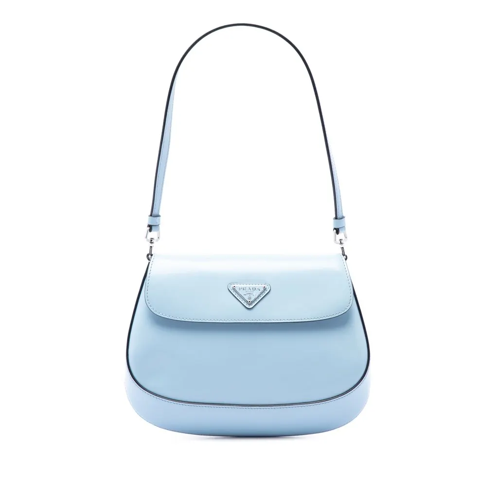 Prada Spazzolato Leather Cleo Flap Shoulder Bag Blue Leather Very good - Front View
