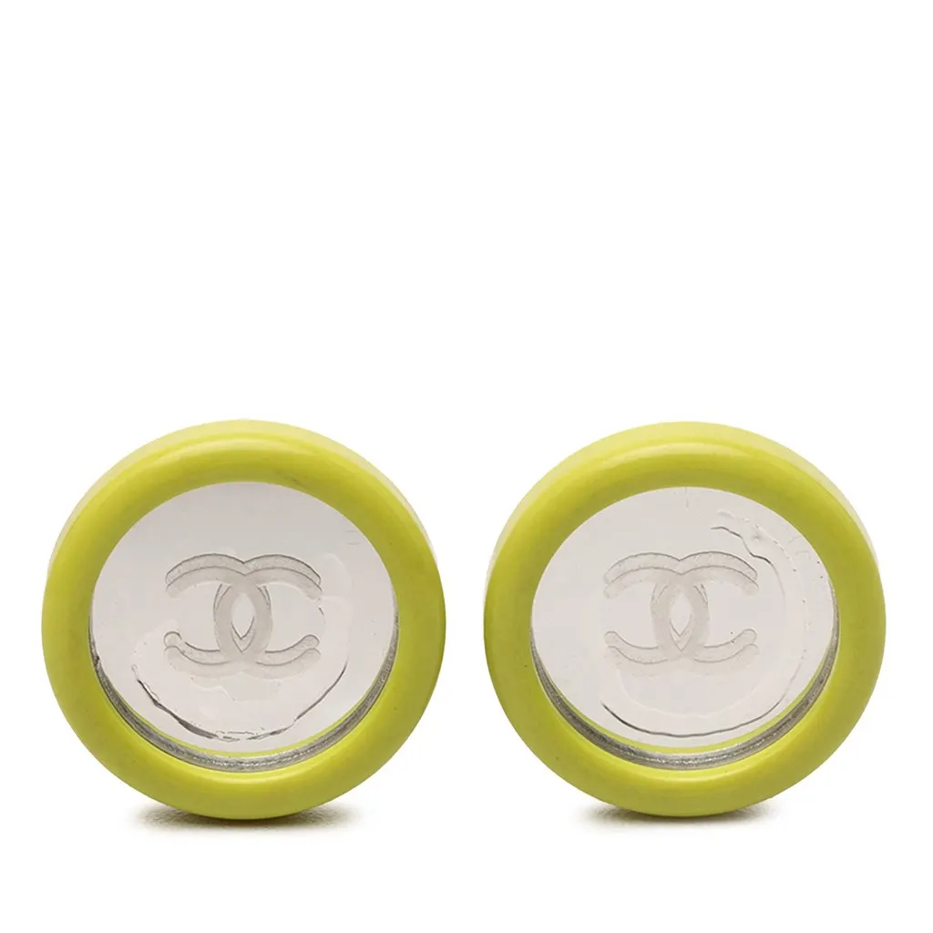 Chanel CC Resin Round Mirror Clip On Earrings Green Plastic Very good - Front View