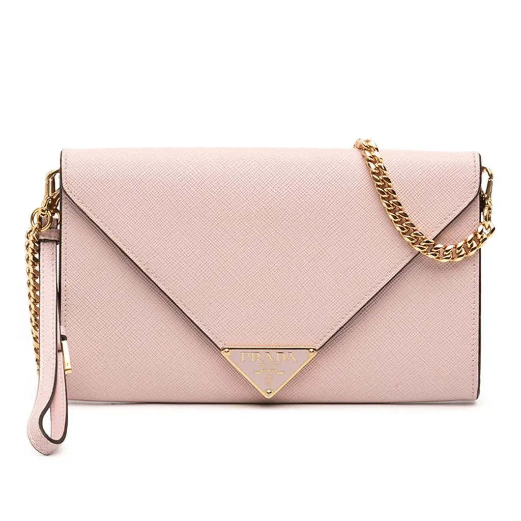 Prada Saffiano Envelope Chain Clutch Pink Leather Very good - Front View