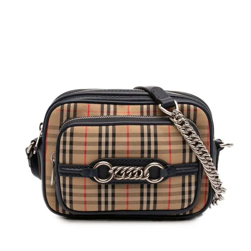 Burberry 1983 Knight Check Canvas and Calfskin Link Camera Bag Beige Very good - Front View