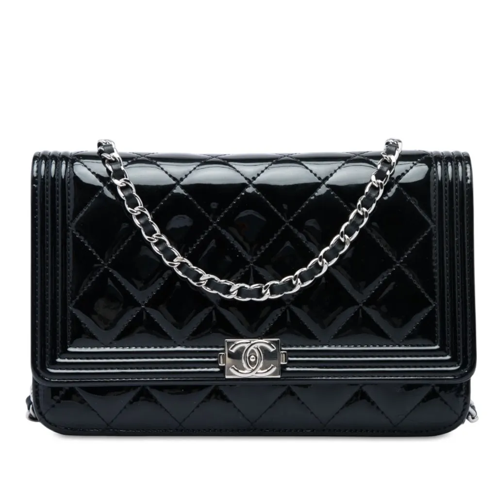 Chanel Quilted Patent Boy Wallet on Chain Black Leather Very good - Front View