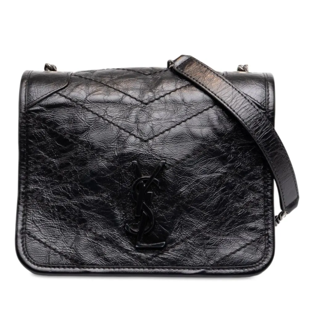 Saint Laurent Crinkled Calfskin Niki Wallet on Chain Black Leather Very good - Front View