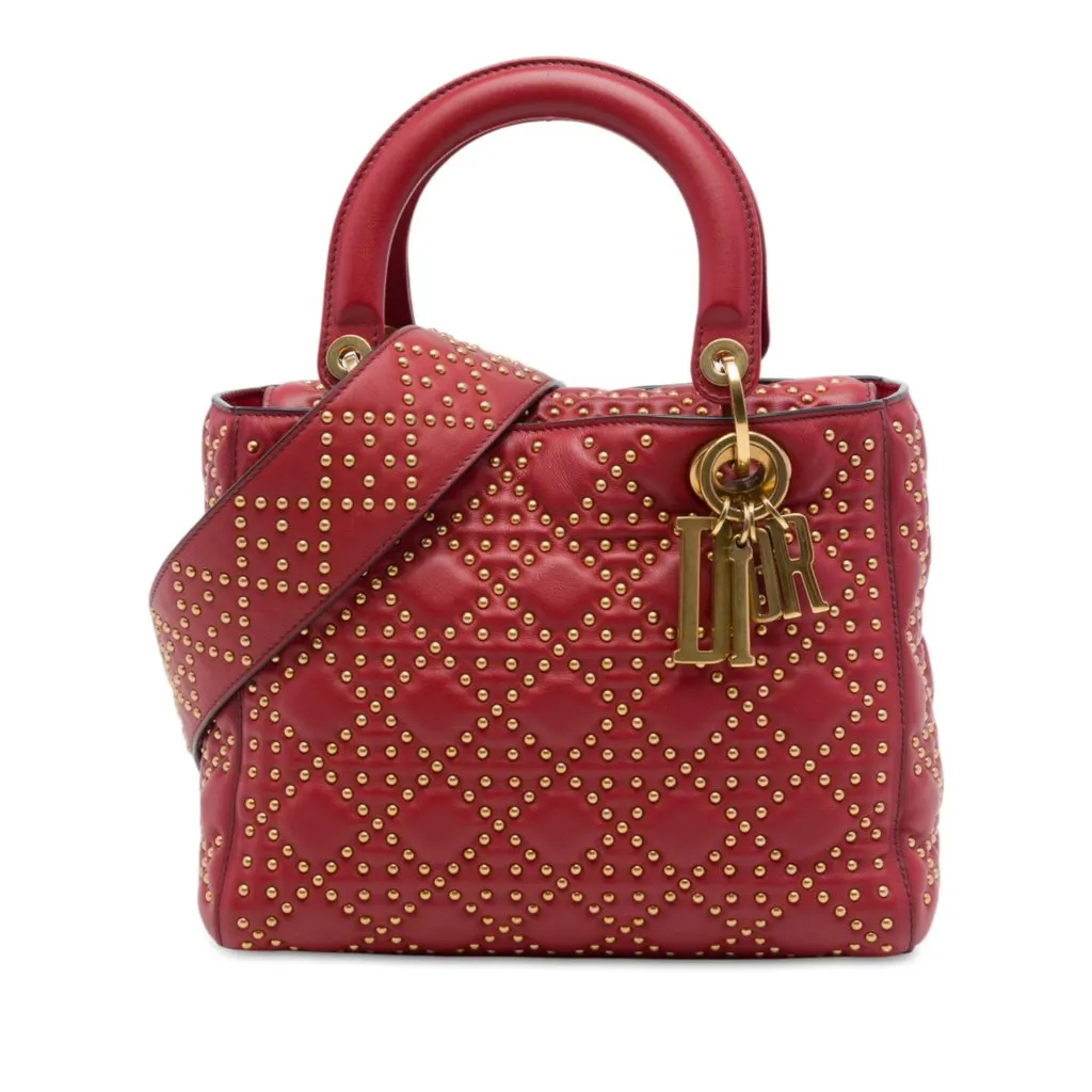 Dior Medium Lambskin Cannage Studded Supple Lady Dior Red Leather Good - Front View