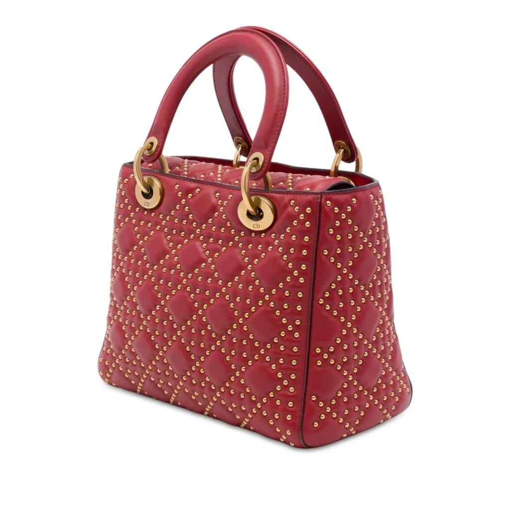Dior Medium Lambskin Cannage Studded Supple Lady Dior Red Leather Good - Back View