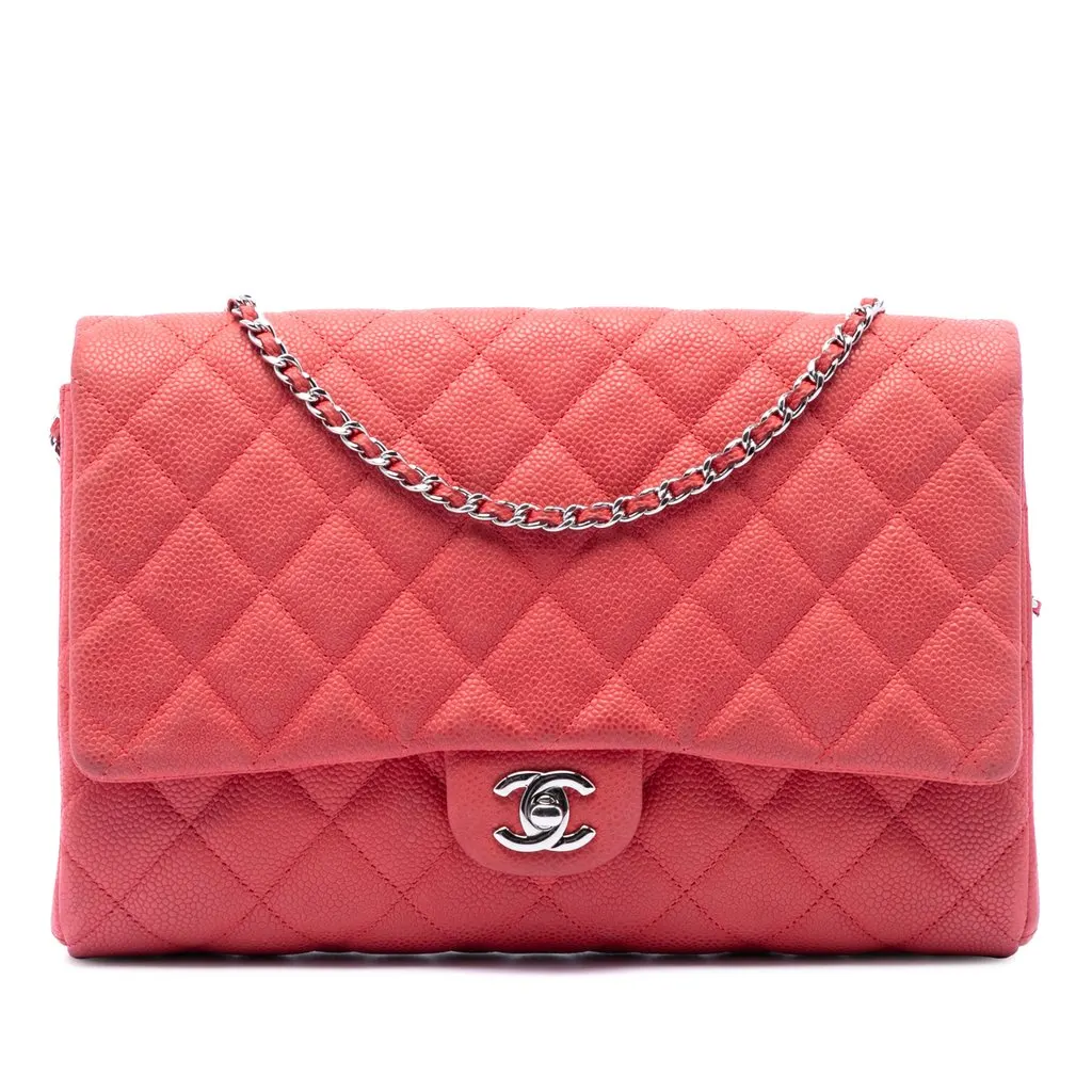 Chanel Quilted Caviar Flap Clutch with Chain Pink Leather Very good - Front View