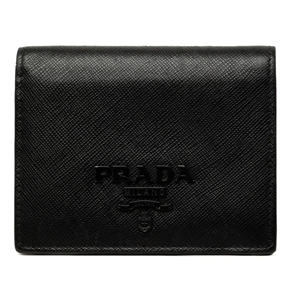 Prada Saffiano Bifold Compact Wallet Black Leather Good - Front View