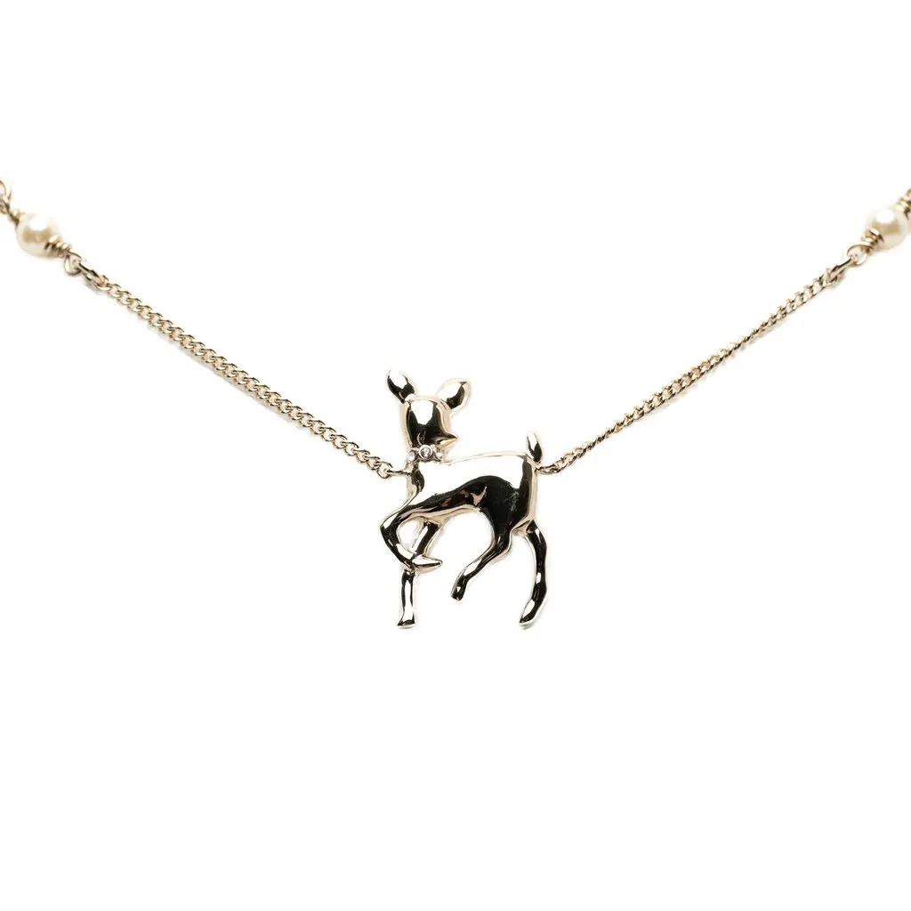 Chanel CC Gold Plated Faux Pearl and Strass Deer Pendant Necklace Gold Metal Very good - Back View