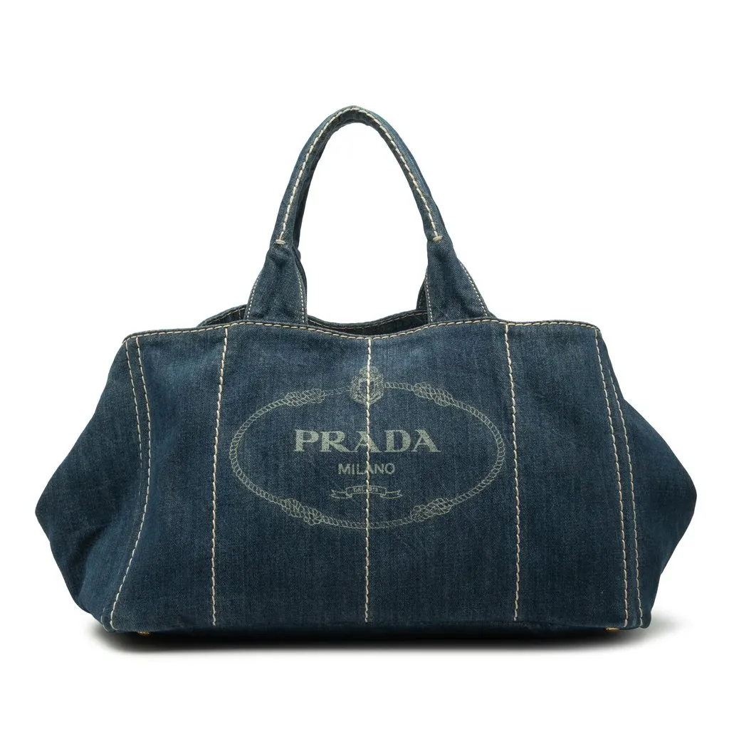 Prada Large Denim Canapa Logo Satchel Blue Very good - Front View