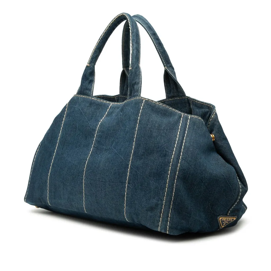 Prada Large Denim Canapa Logo Satchel Blue Very good - Back View