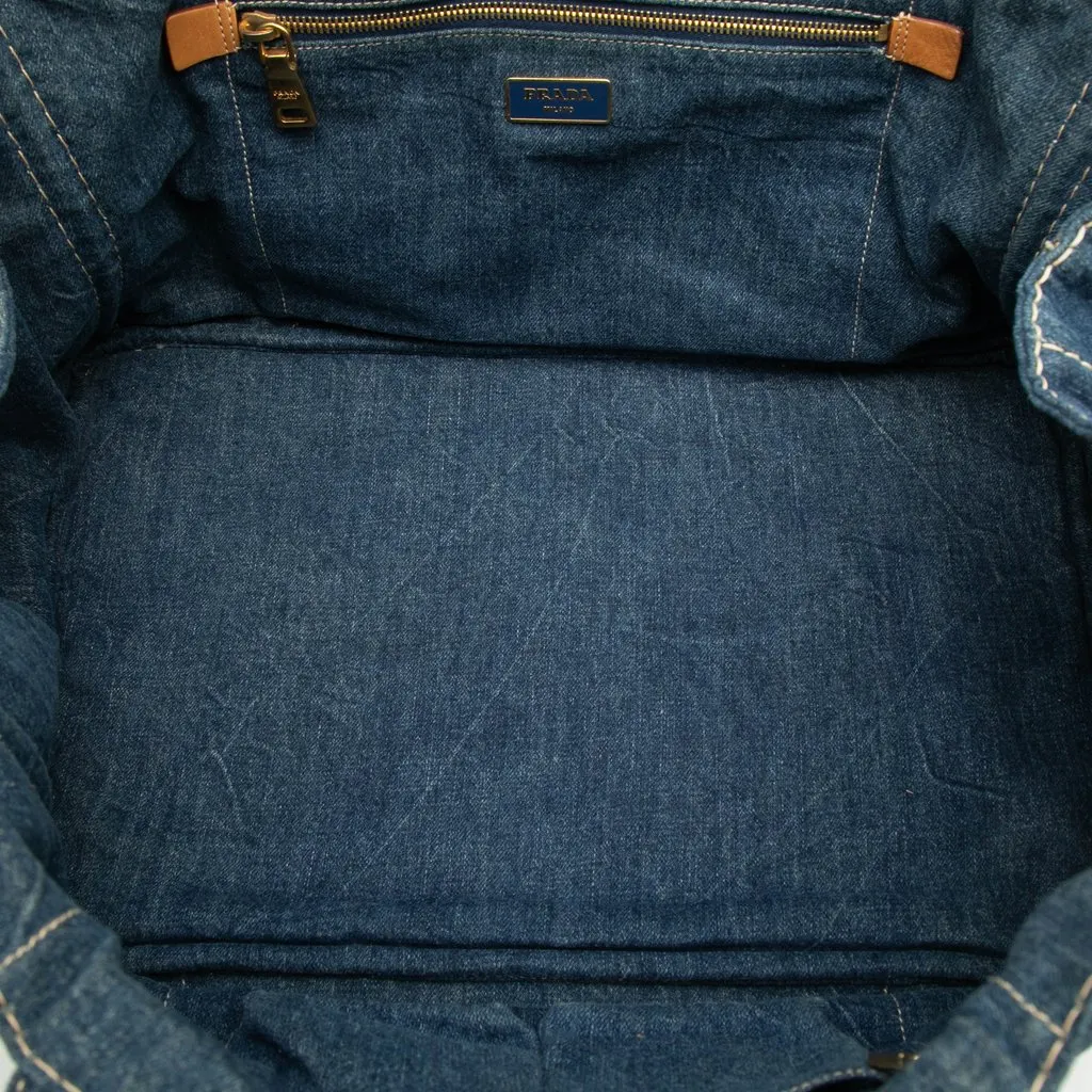Prada Large Denim Canapa Logo Satchel Blue Very good - Model View