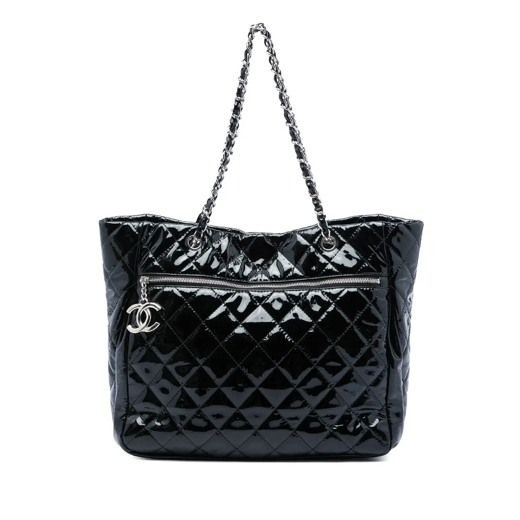 Chanel CC Quilted Patent Chic And Glitter Ligne Timeless Tote Black Leather Very good - Front View