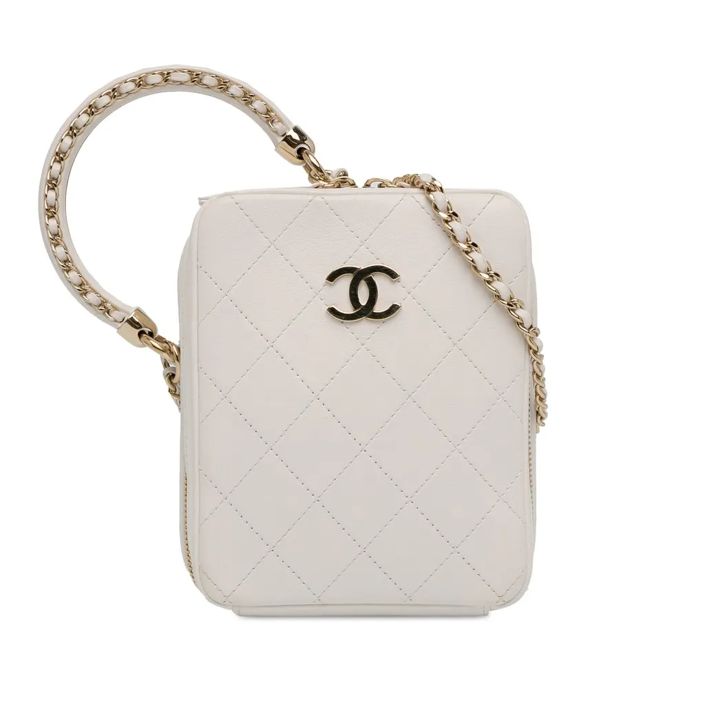 Chanel CC Lambskin Round Handle Camera Case White Leather Very good - Front View