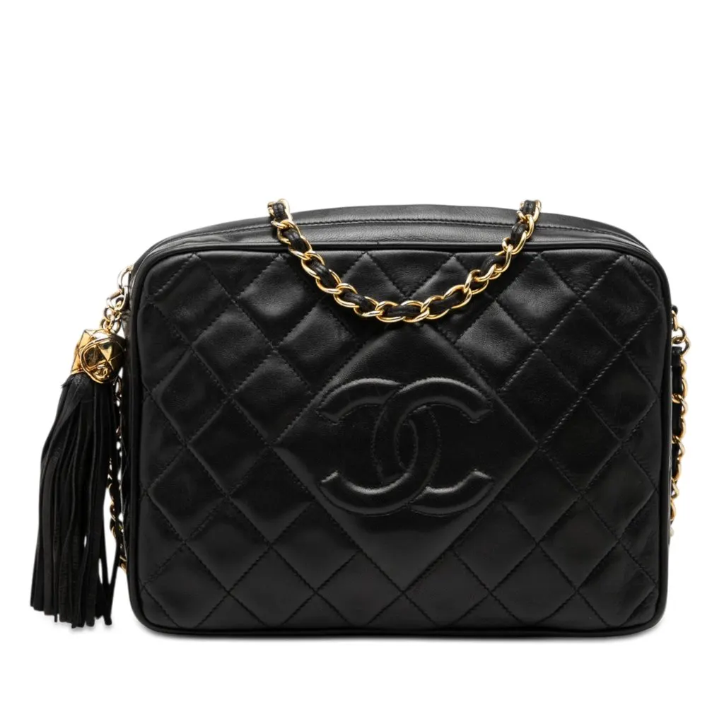 Chanel CC Quilted Lambskin Tassel Camera Bag Black Leather Very good - Front View
