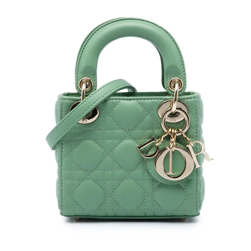 Dior Micro Lambskin Cannage Lady Dior Green Leather Very good - Front View
