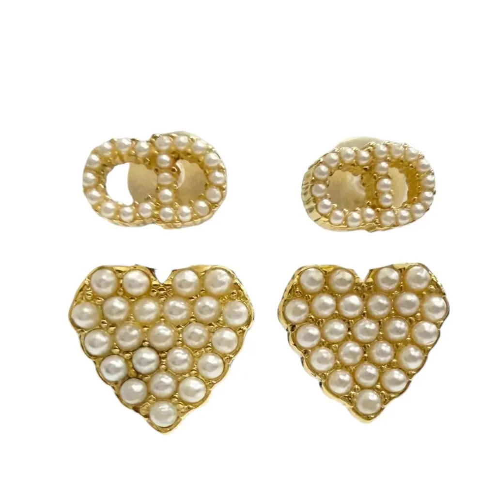 Dior Gold Plated Faux Pearl CD Logo Heart Drop Bullet Back Earrings Gold Metal Very good - Front View