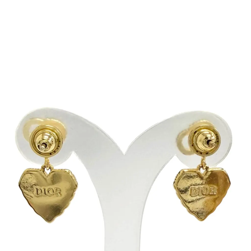 Dior Gold Plated Faux Pearl CD Logo Heart Drop Bullet Back Earrings Gold Metal Very good - Inside View